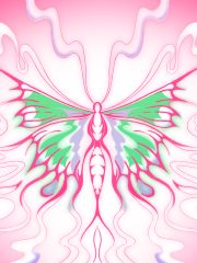 Green and pink cartoon butterfly with a pink background.