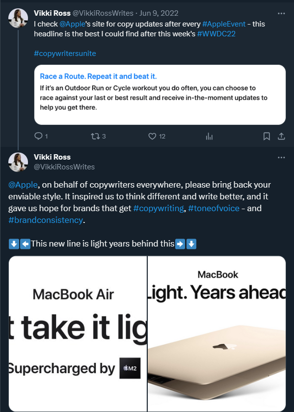 Screenshot of Twitter/X post about Apple's new approach to copywriting 